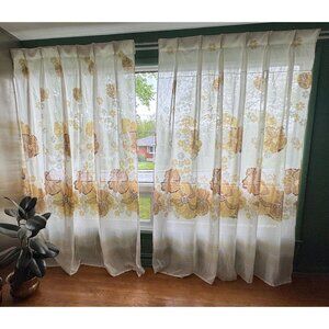 Vintage 1970s cream curtain, large brown, tan flowers, pleated, for each